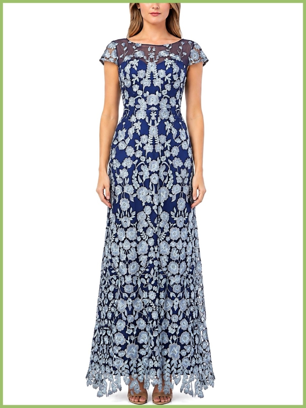 JS Collections Embroidered Navy Blue Mint Green Floral Dress Gown